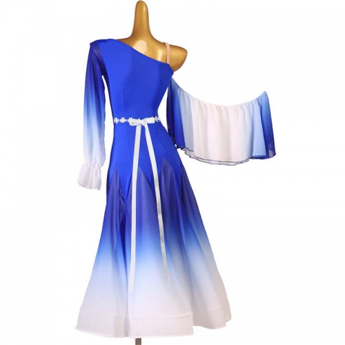Women girls royal blue gradient color ballroom dance dresses one inclinded should one ruffles sleeves waltz tango foxtort smooth dance dress